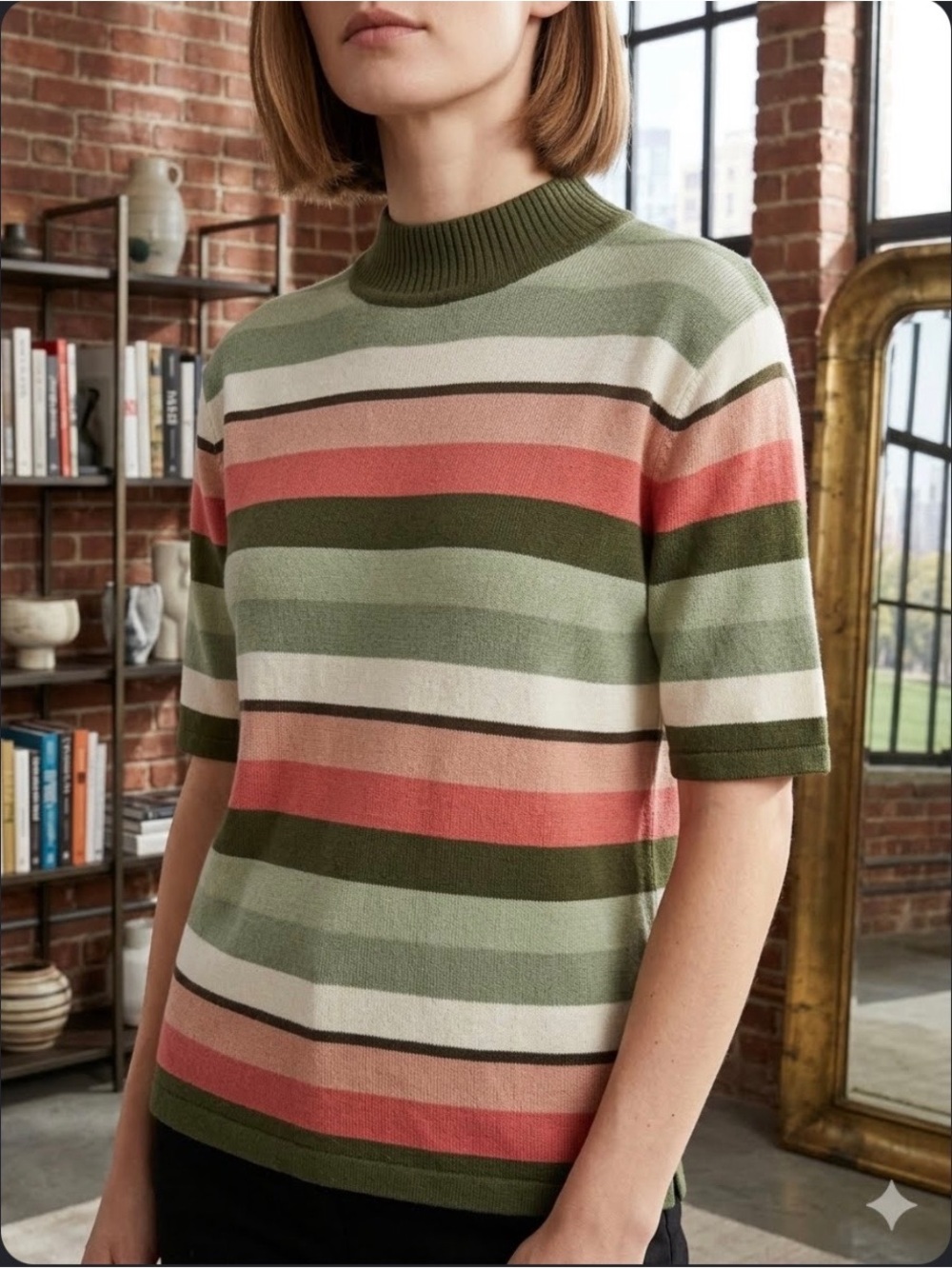 Striped Turtleneck Sweater in Olive, Coral & Cream